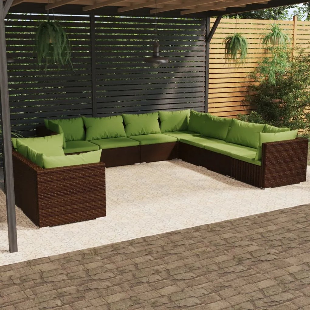 vidaXL 9 pcs conjunto lounge jardim c/ almofadões vime PE castanho
