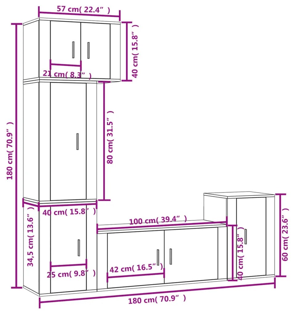 5 pcs conjunto móveis de TV madeira processada branco brilhante