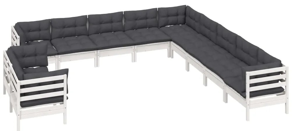 11 pcs conj. lounge de jardim c/ almofadões pinho maciço branco