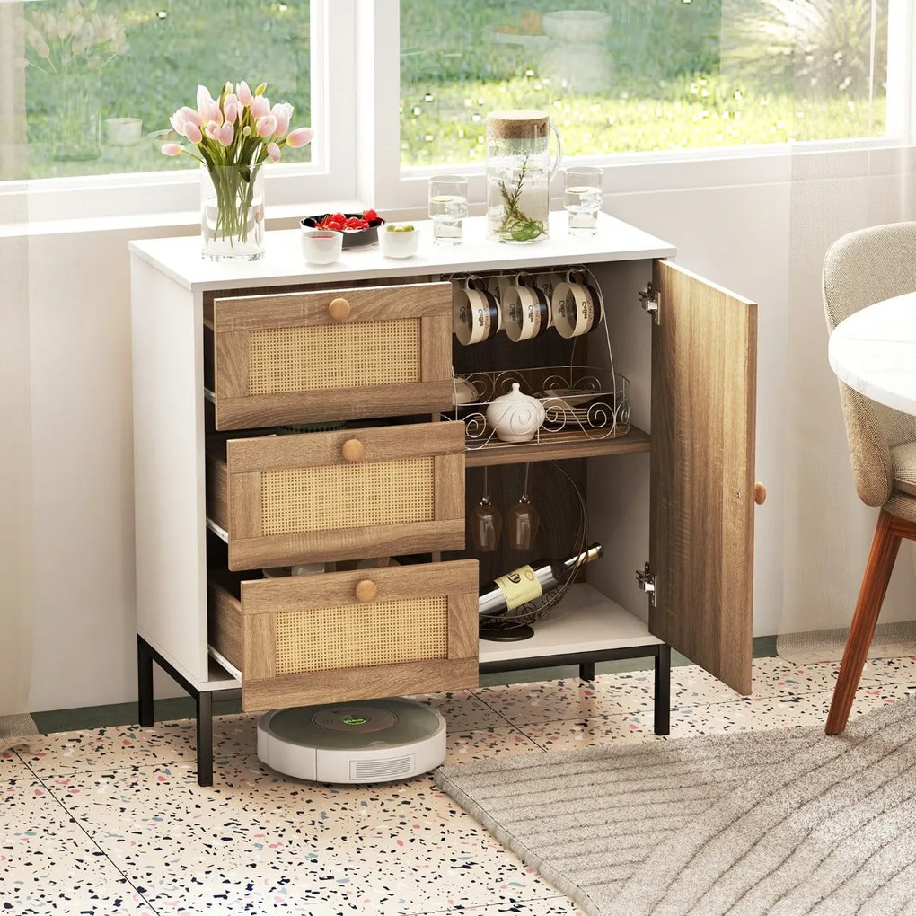 Aparador Aljezur com Frente em Rattan – 80x35x80,5 cm – Branco e Natur