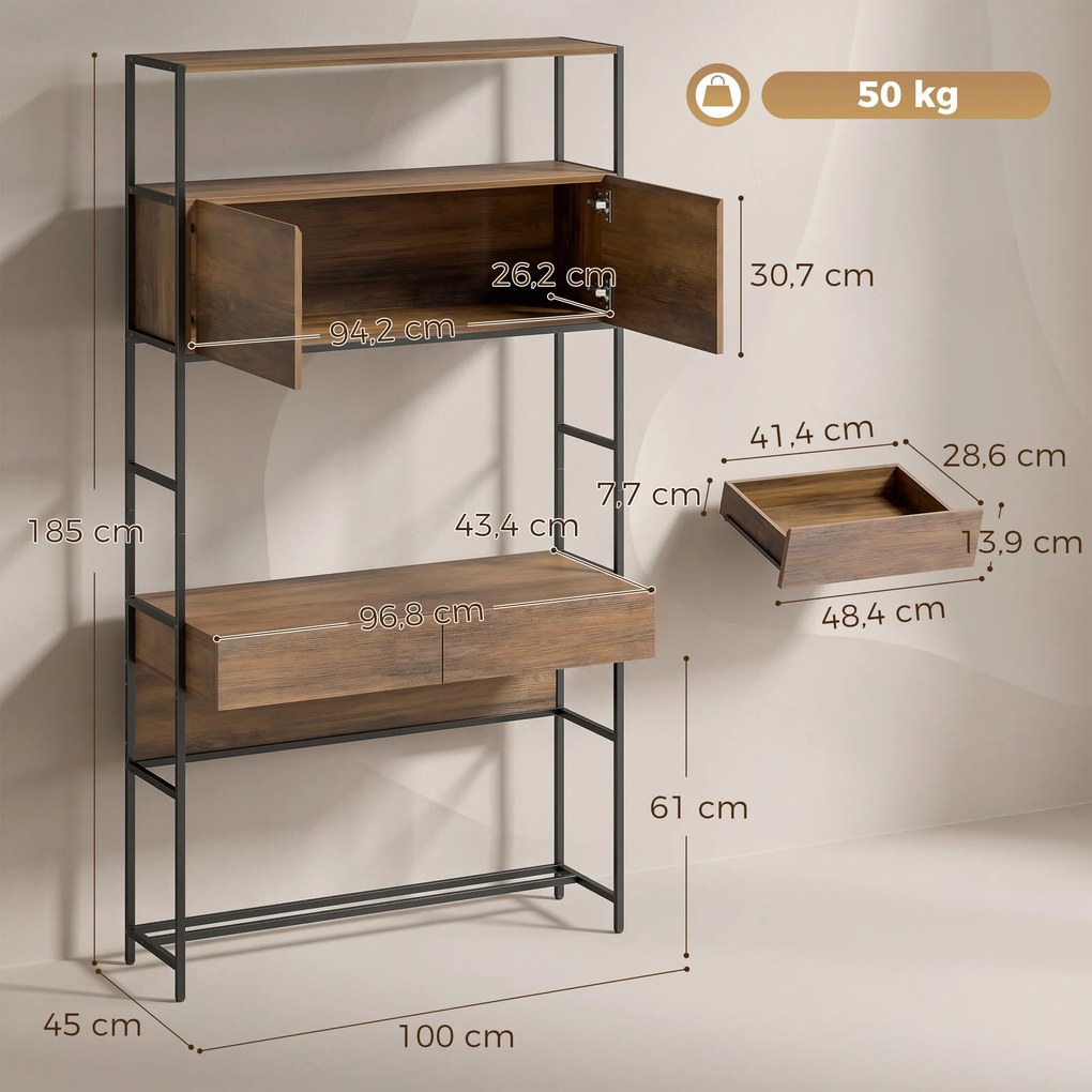 Secretária de computador com 2 gavetas, 100 x 45 x 185 cm, secretária com espaço de arrumação, 2 portas e prateleiras abertas, castanho