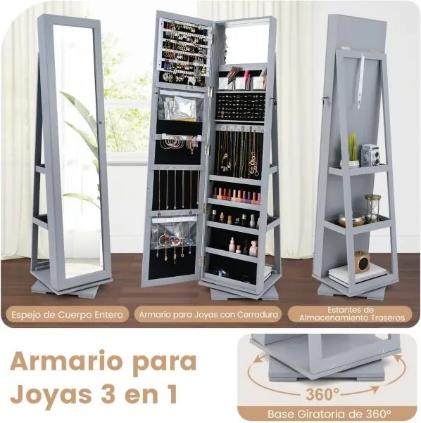 Espelho giratório 360° para joias com espelho de corpo inteiro Organizador de joias com espelho para maquilhagem 39 x 39 x 161 cm Cinza escuro