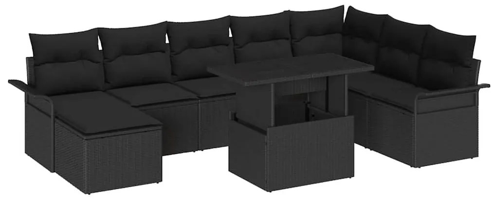 Conjunto de Sofá Jardim vidaXL 9 Peças com Almofadas Preto Rattan Poliéster