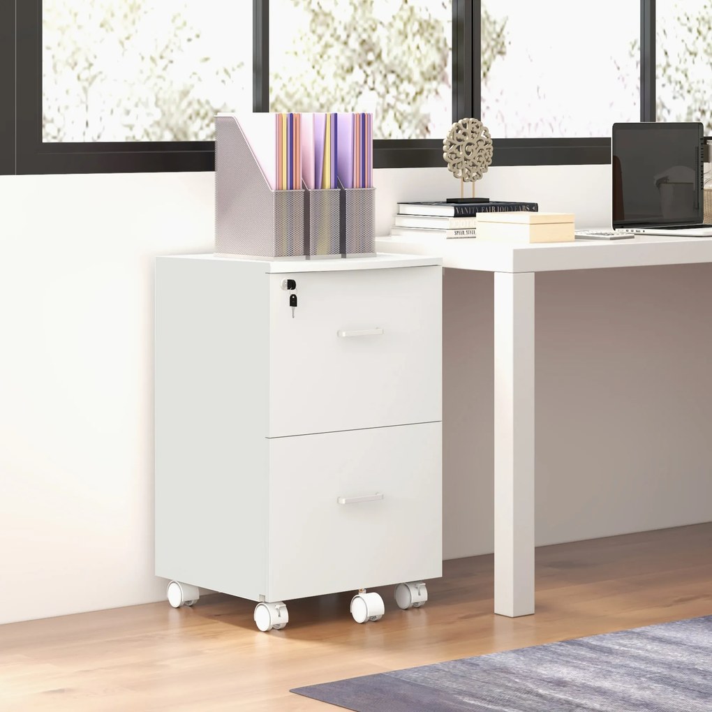 Bloco gavetas de Escritório Móvel Auxiliar para Arquivos com 2 Gavetas Fechadura 2 Chaves 43x45x72cm Branco