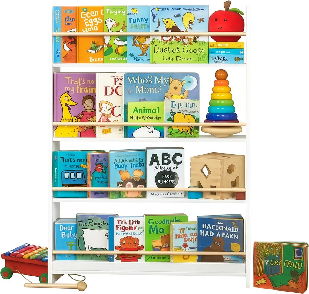Estante infantil, 4 níveis, estante para brinquedos 12 x 80 x 100 cm branco-natural
