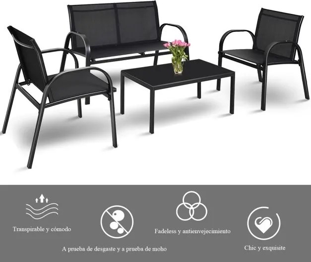 Conjunto Jardim de Mesa de Centro, 2 Cadeiras, Banco e Mesa de Centro de Jardim em Ferro e Malha para Terraço Exterior Preto