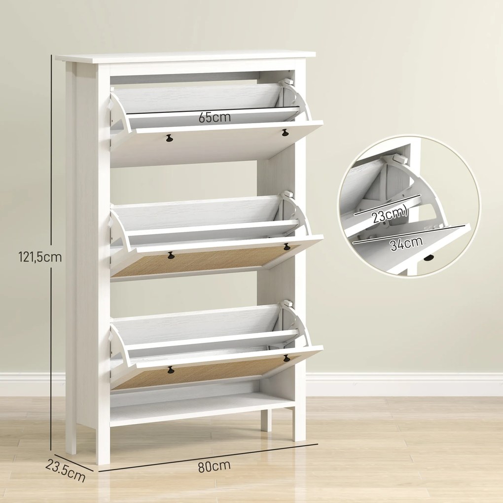 Sapateira, Móvel para sapatos 80 x 23,5 x 121,5 cm, armário de 3 portas com abas, efeito de vime - em madeira natural