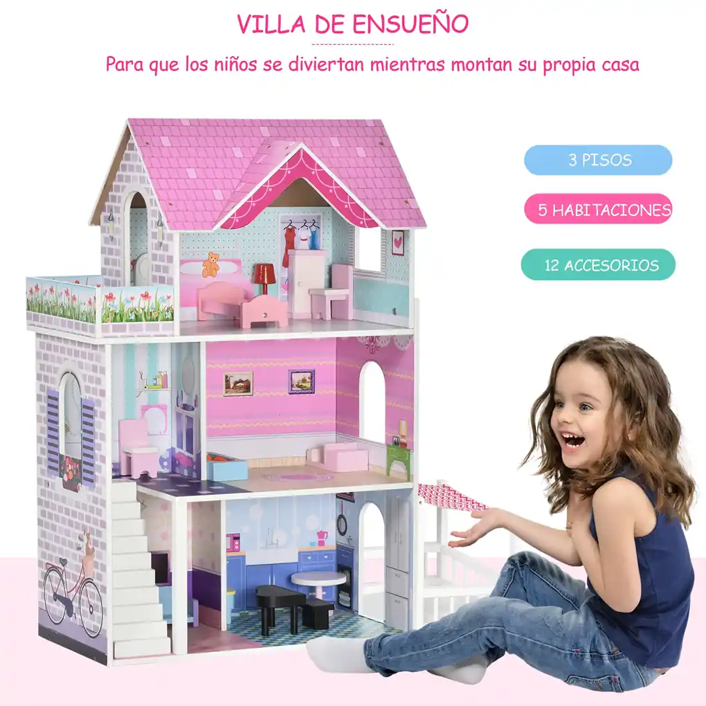 Pretty House XXL, Casa de Bonecas de Madeira de 3 andares com