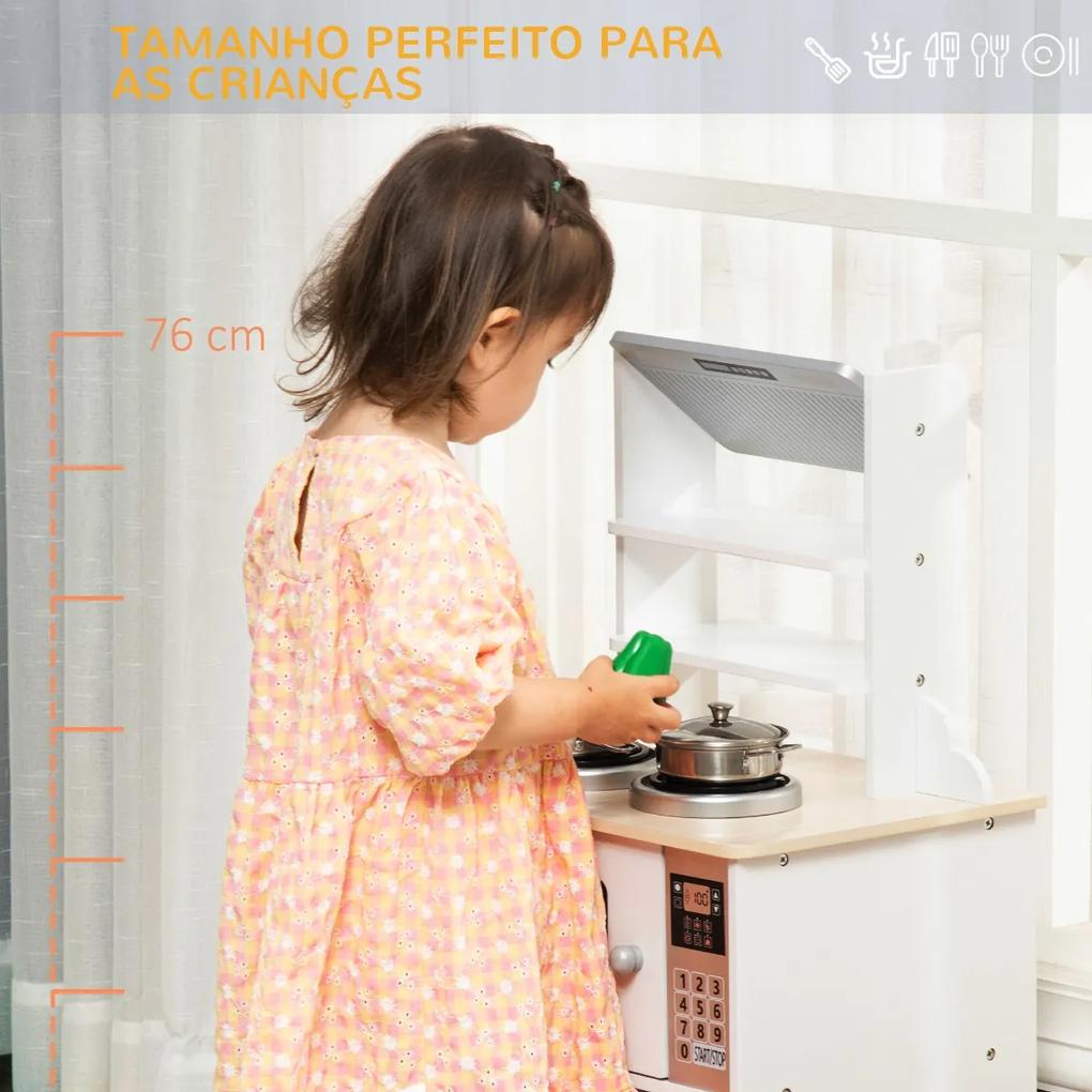 Cozinha Infantil de Madeira para Crianças acima de 3 Anos Cozinha Infantil com Cesto de Armazenamento Acessórios Utensílios Exaustor e Microondas 42x2