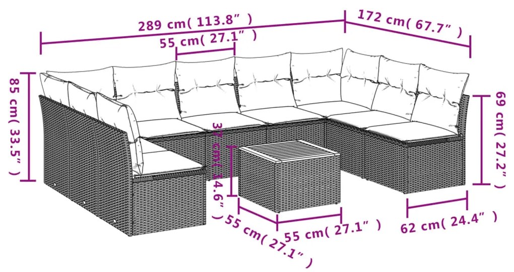 10 pcs conjunto de sofás p/ jardim com almofadões vime PE bege