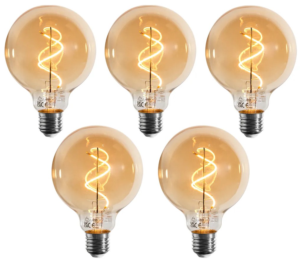 Conjunto de 5 Lâmpadas LED E27 Reguláveis de Filamento Espiral G95 Douradas 4W 270LM 2100K