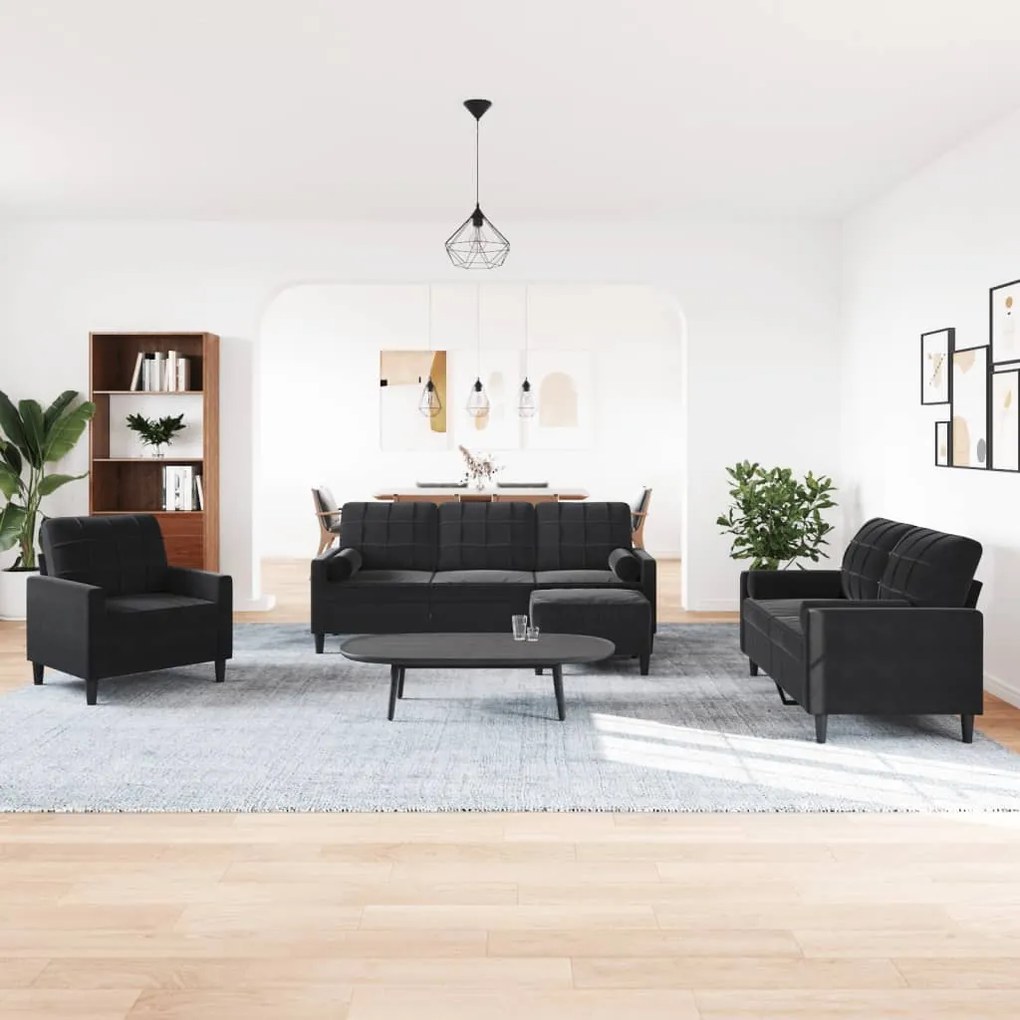4 pcs conjunto de sofás com almofadões e rolos veludo preto