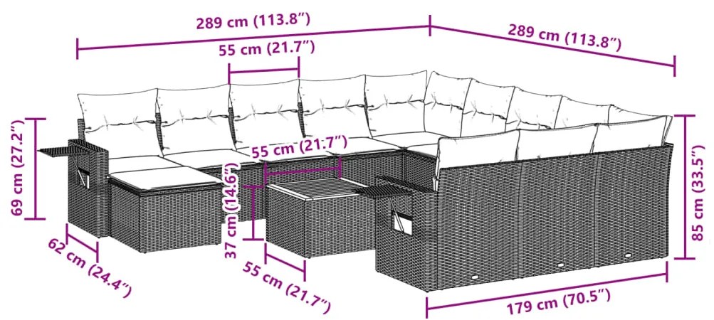 13 pcs conjunto sofás p/ jardim c/ almofadões vime PE cinzento