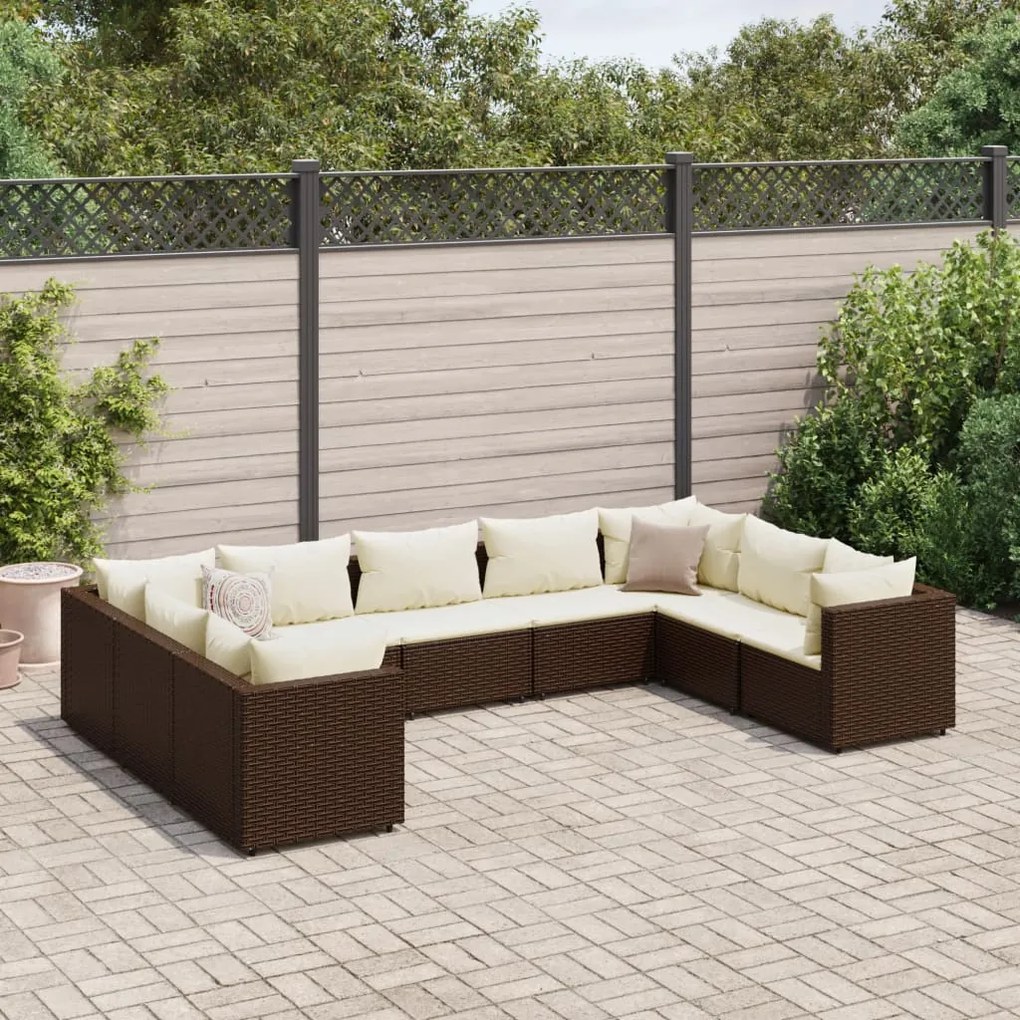 9 pcs conjunto lounge de jardim c/ almofadões vime PE castanho