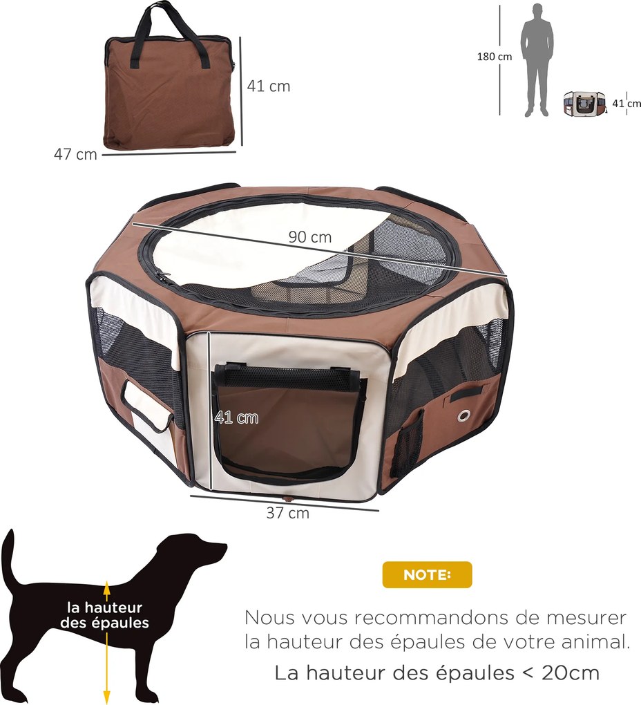 Parque dobrável para cães, gatos e pequenos animais, octogonal, em tecido Oxford e aço, Ø 90 x 41 cm (altura), castanho-bege