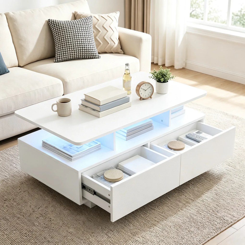 Mesa de Centro, 90 x 55 x 45,5 cm, Iluminação LED Regulável, Branco