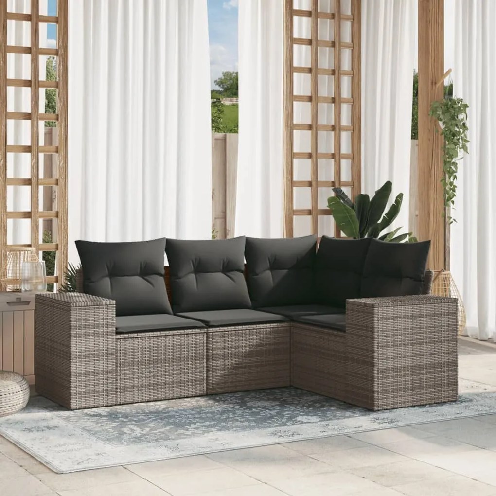 4 pcs conjunto sofás de jardim c/ almofadões vime PE cinzento