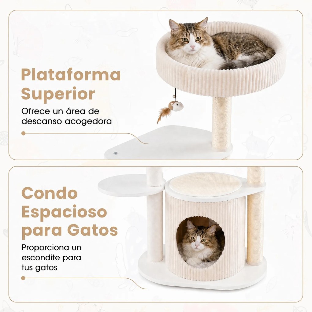 Árvore de Arranhar para Gatos, 93 x 40 x 105 cm, Multinível com Postes de Sisal, Bege