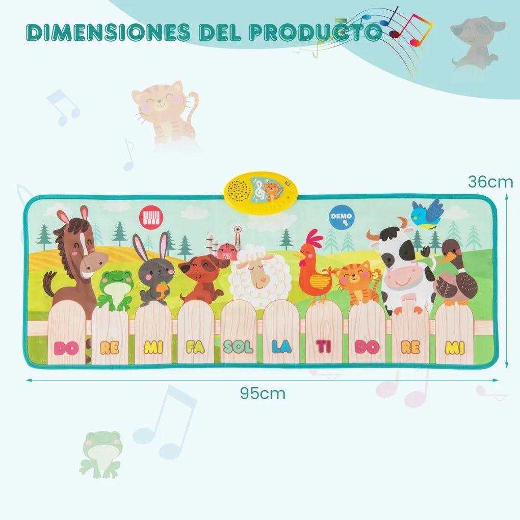 Tapete musical para crianças com 10 sons de animais, 10 teclas e músicas incorporadas para partir dos 3 anos, 95 x 36 cm, multicolorido