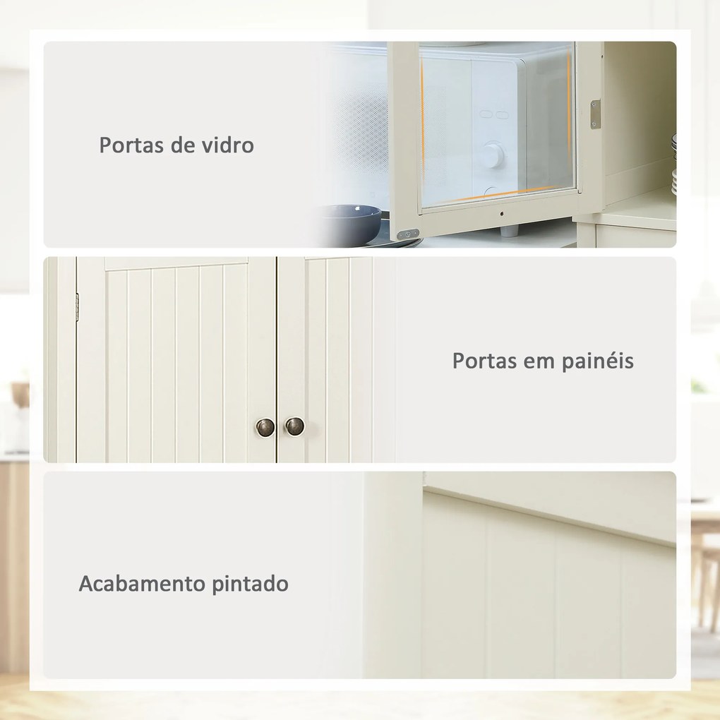 Armário de Cozinha com 2 Portas de Vidro 1 Gaveta e Prateleira Ajustável Móvel Auxiliar de Cozinha Anti-Tombo 76x40x182,5cm Creme