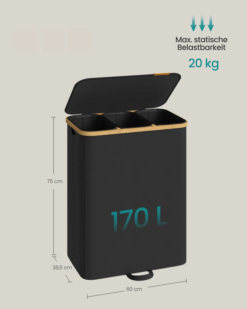 Cesto da roupa suja com tampa e saco removível 60 x 38,5 x 75 cm, 170 L, preto