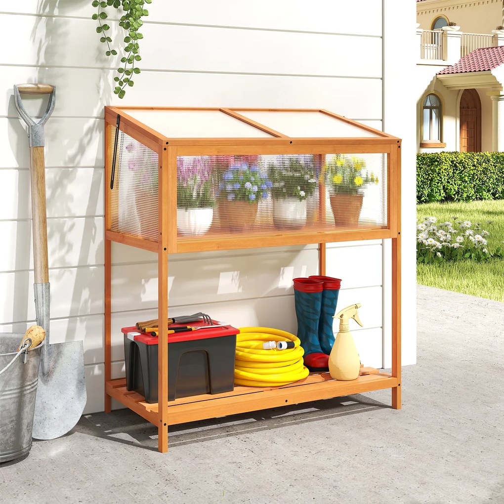 Estufa de madeira 90 x 50,5 x 105 cm, teto transparente rebatível, estante de arrumação, proteção, vaso elevado, casa de cultivo, interior/exterior, c