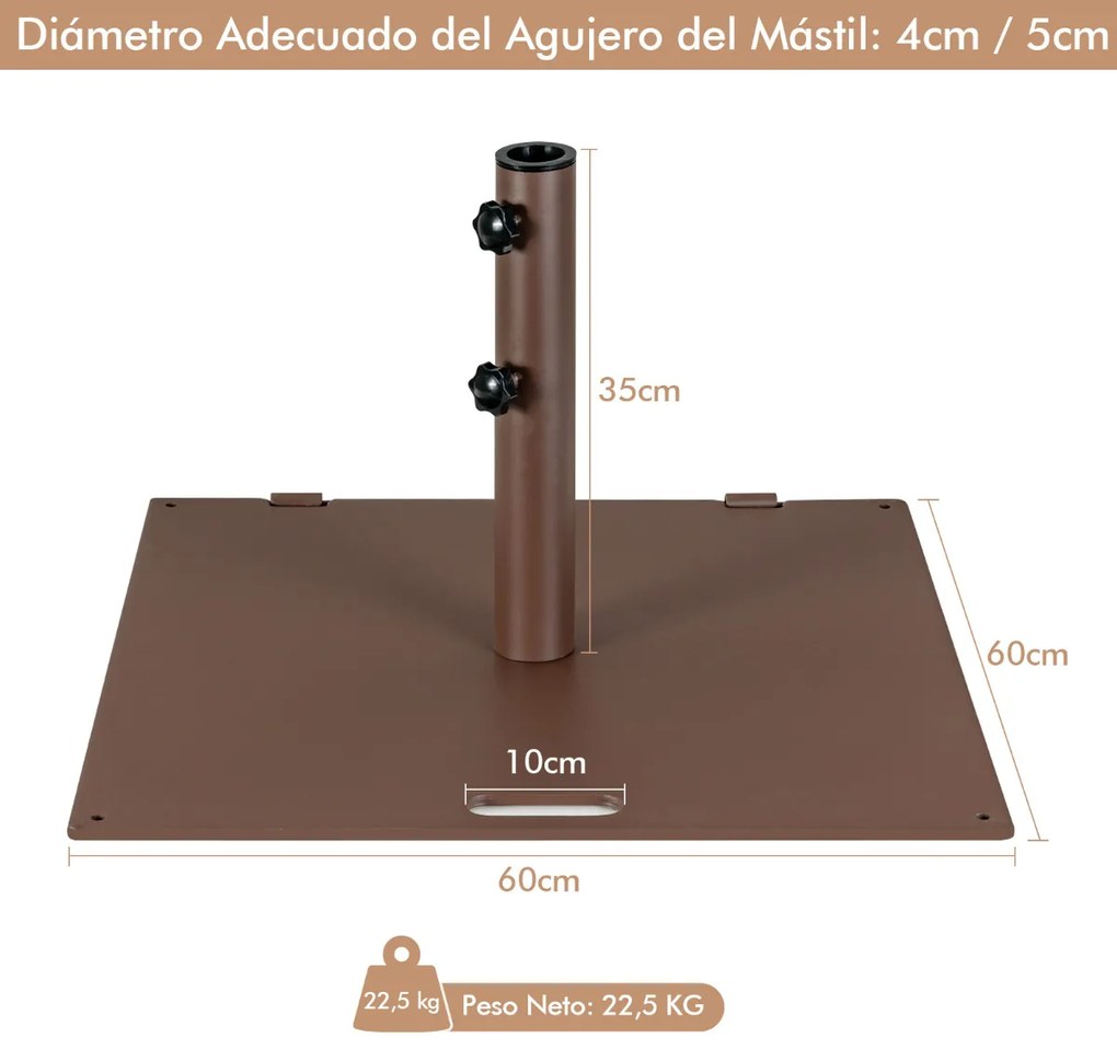 Base de guarda-sol 22,5 kg quadrada de 60 cm com adaptadores de 4 cm e 5 cm 2 botões de fixação 2 rodas Castanho