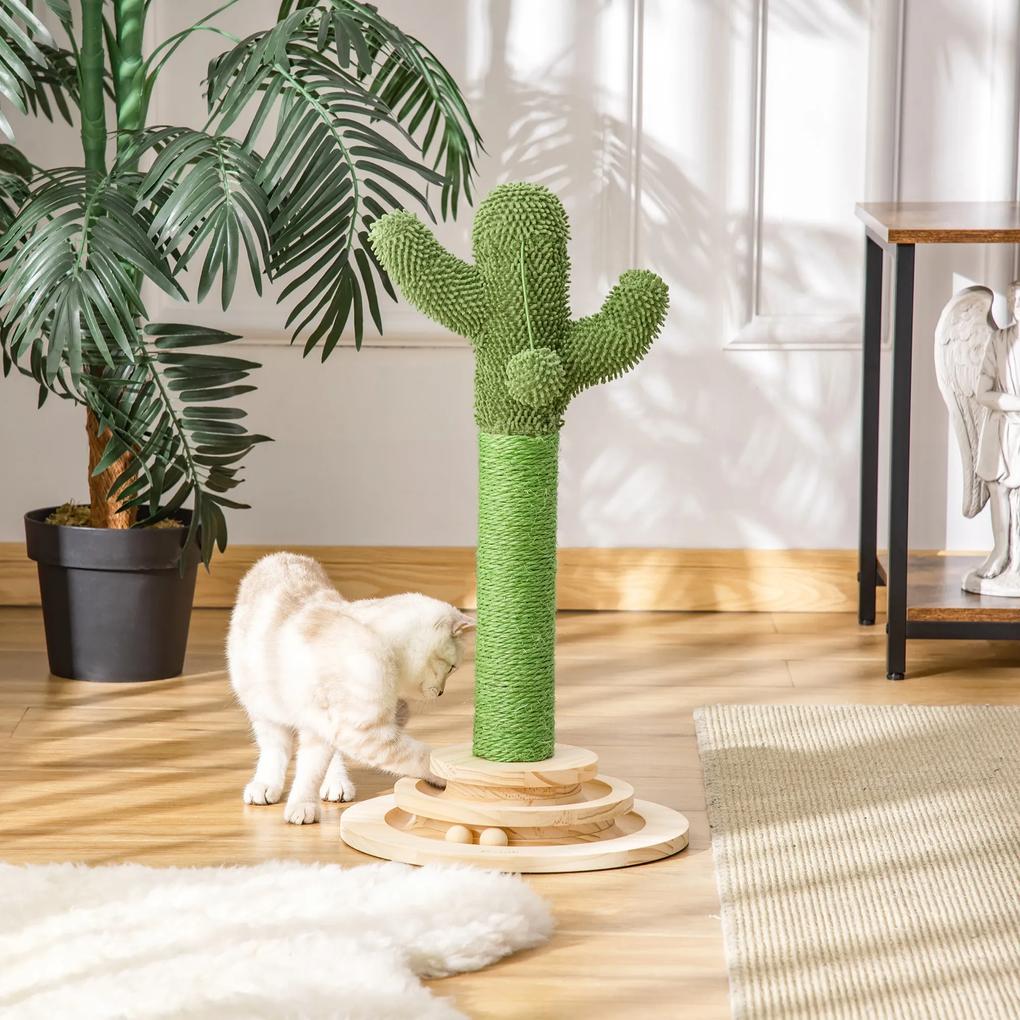 PawHut Poste Arranhador para Gatos em Forma de Cactus Pequena Árvore Arranhadora para Gatos com Poste de Sisal e Pelúcia Bola Suspensa e Base com Brinquedo de Madeira 32x32x60cm Verde