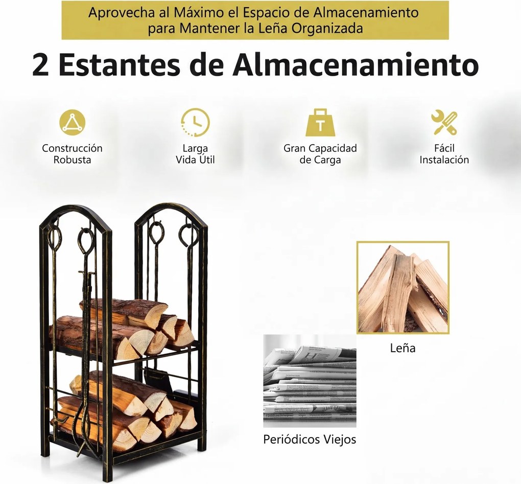 Conjunto de Suporte para Lenha e 4 Ferramentas de Lareira, 44 x 30 x 74 cm, 2 Níveis de Armazenamento, Bronze