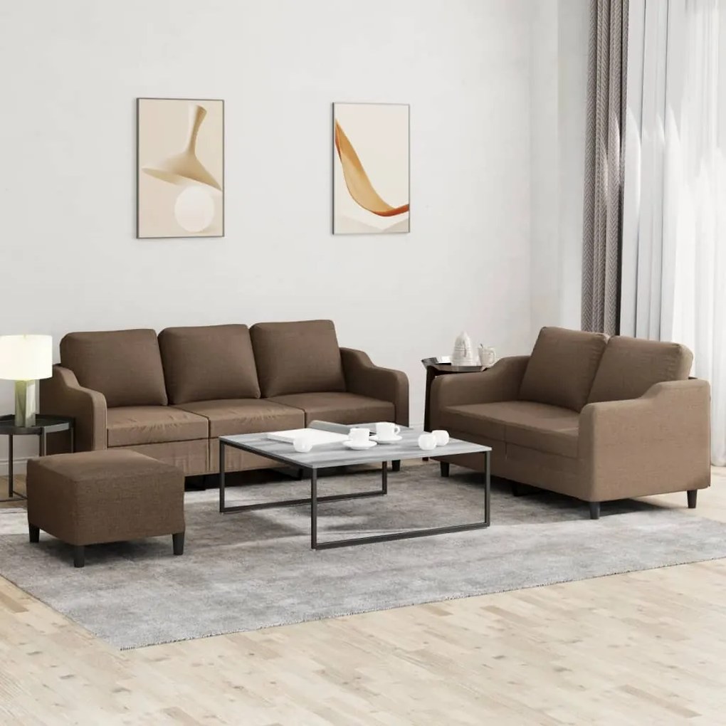 3 pcs conjunto de sofás com almofadões tecido castanho