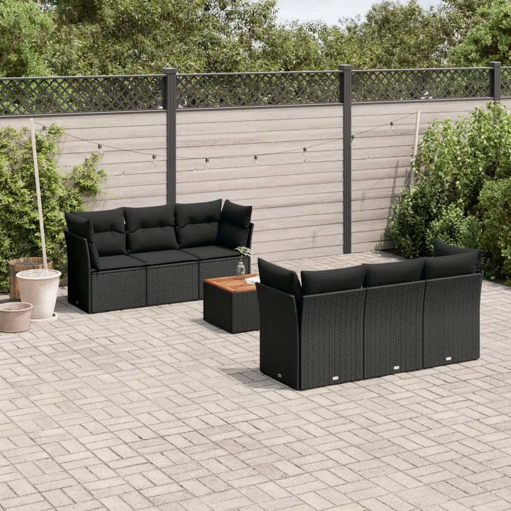 7 pcs conjunto de sofás p/ jardim c/ almofadões vime PE preto