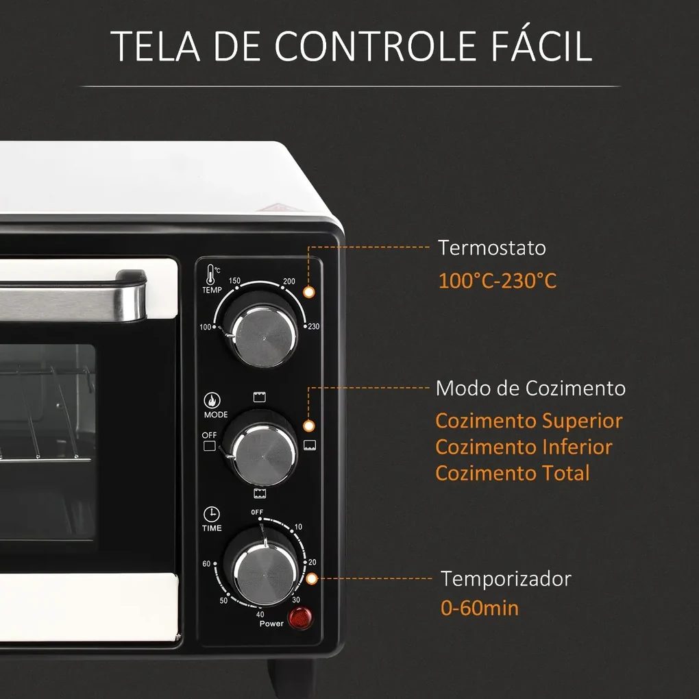 Mini Forno de Convecção 16L com 3 Modos de Aquecimento Temperatura até 230°C  Temporizador 60 Minutos Bandeja para Assar e Grade 44x32x28,1cm Branco e  Preto