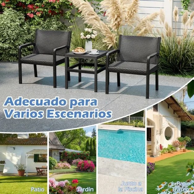 Conjunto de móveis de jardim de 3 peças com 2 cadeiras de rattan e mesa auxiliar de rattan PP preto