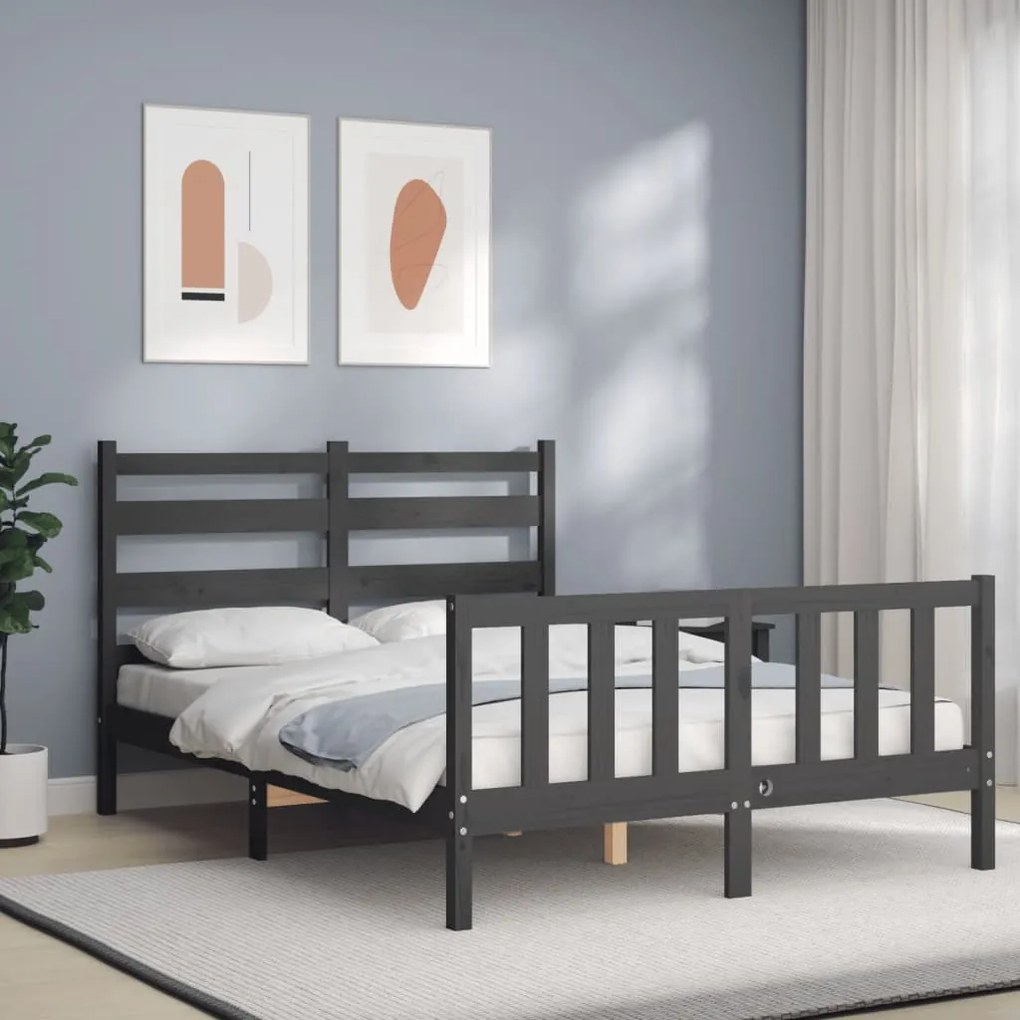 Estrutura de cama de casal c/ cabeceira madeira maciça cinzento