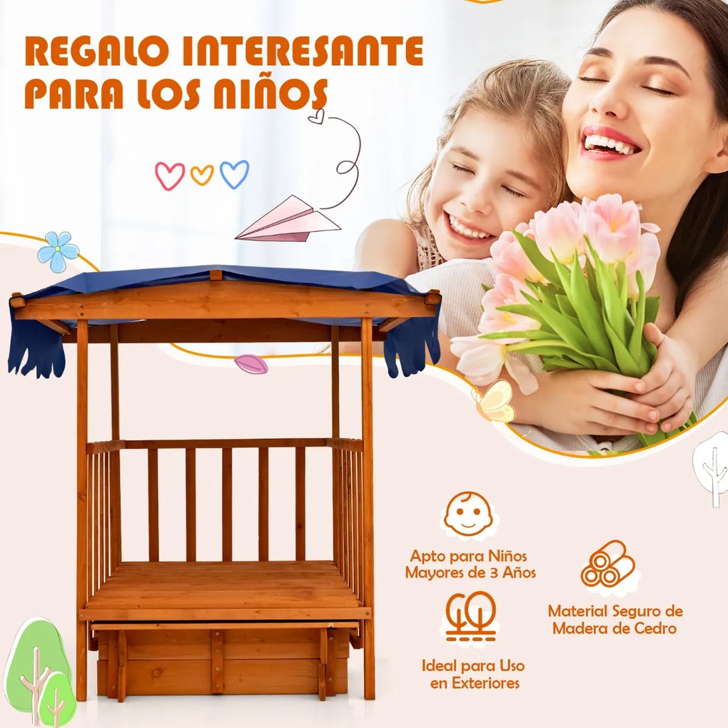 Caixa de Areia Infantil com Casa de Jogos, 110 x 110 x 120 cm, Toldo Impermeável, Natural