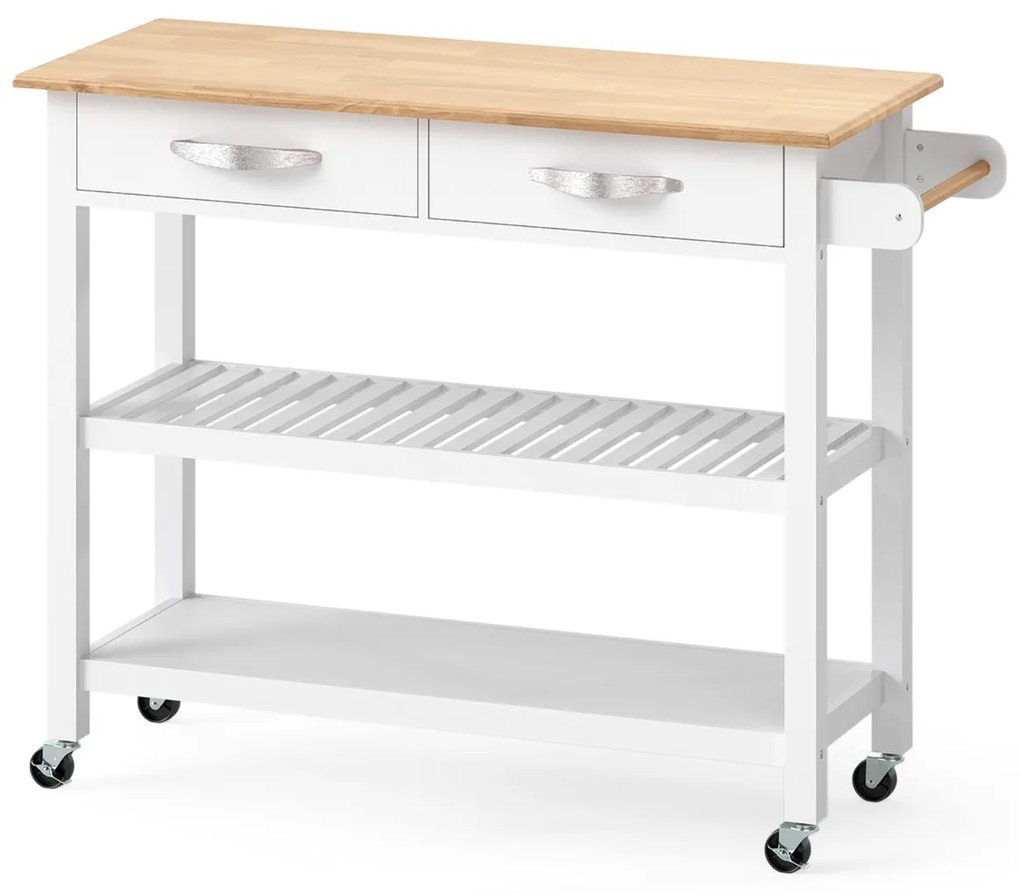 Carrinho de cozinha 106 cm x 50 cm x 89 cm com rodas com 2 gavetas, 2 prateleiras abertas e pega lateral branca