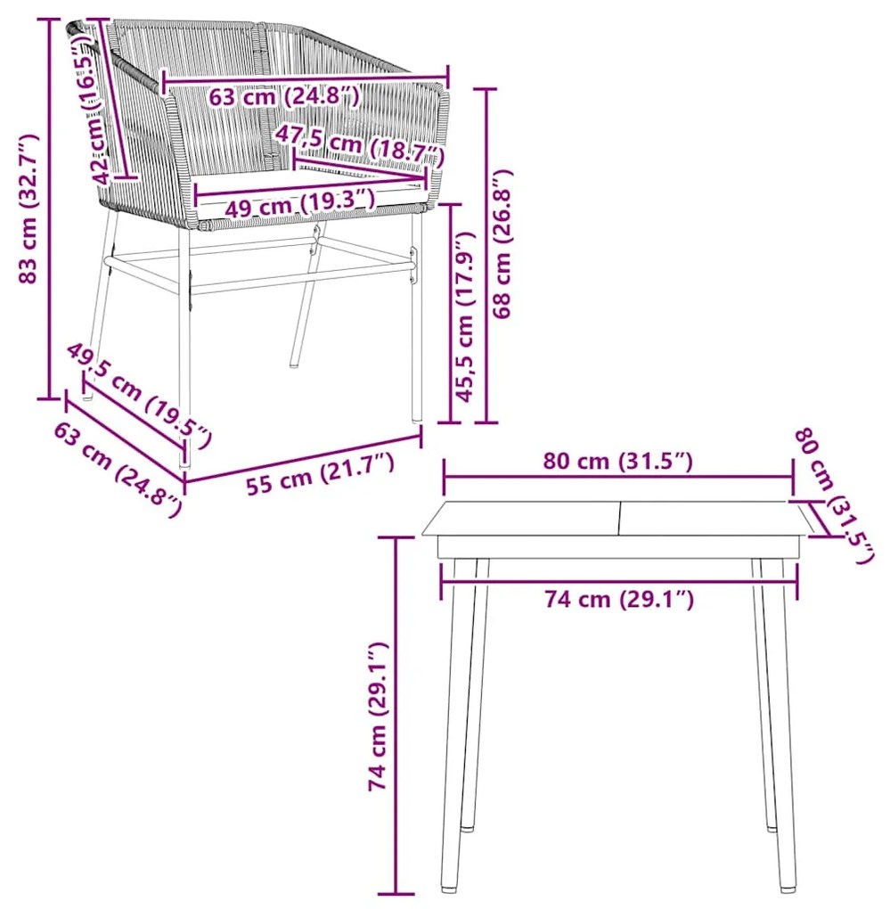 Conjunto jantar jardim 3 peças almofadas vidro vime cinzento PE