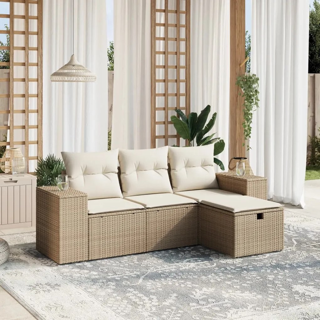 4 pcs conjunto de sofás para jardim c/ almofadões vime PE bege