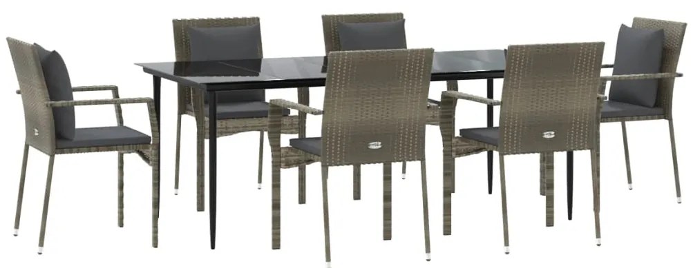 7 pcs conjunto jantar jardim c/ almofadões vime PE preto/cinza
