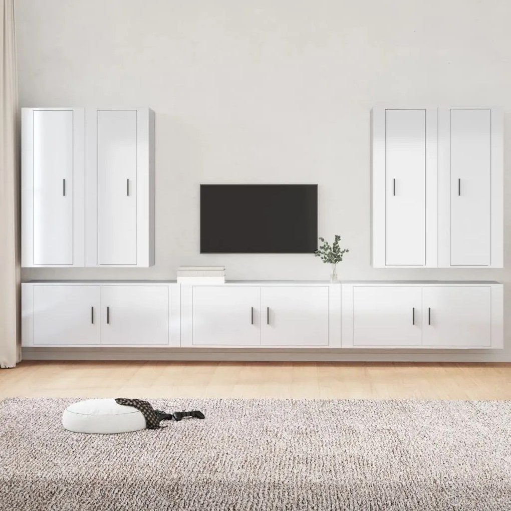 vidaXL 7 pcs conjunto móveis de TV madeira processada branco brilhante