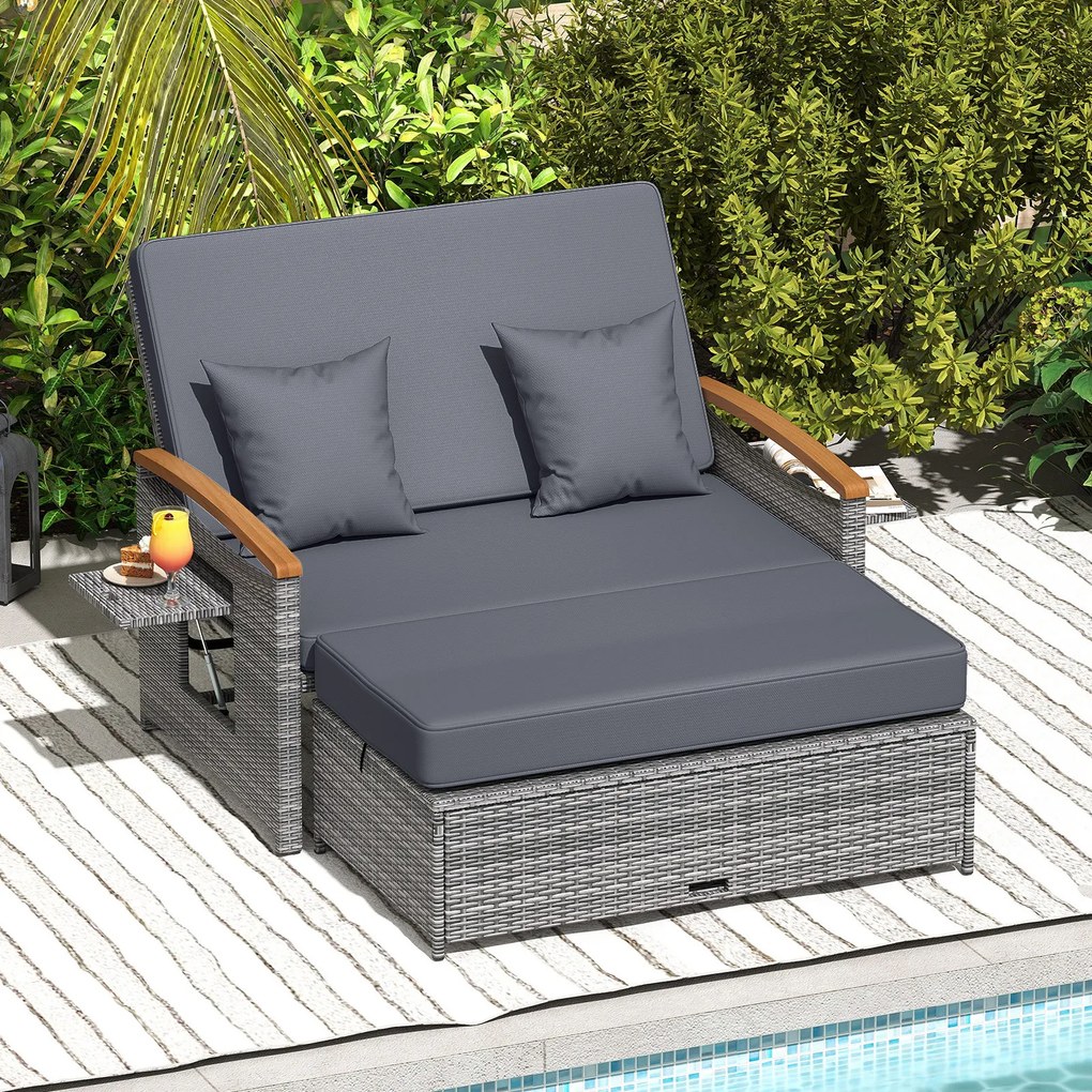 Conjunto de Sofá-Cama de Jardim de 2 Lugares, Otomana e 2 Mesas Laterais Dobráveis, 164 x 72-111 x 54,5-88 cm, Encosto Ajustável em 4 Níveis, Cinzento