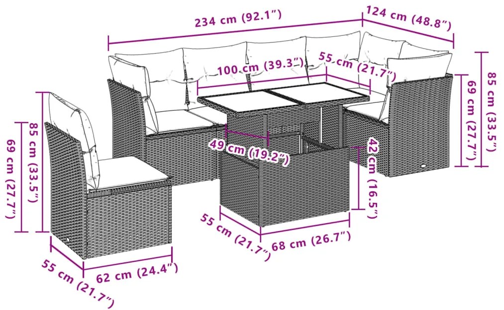 7 pcs conjunto de sofás p/ jardim com almofadões vime PE bege