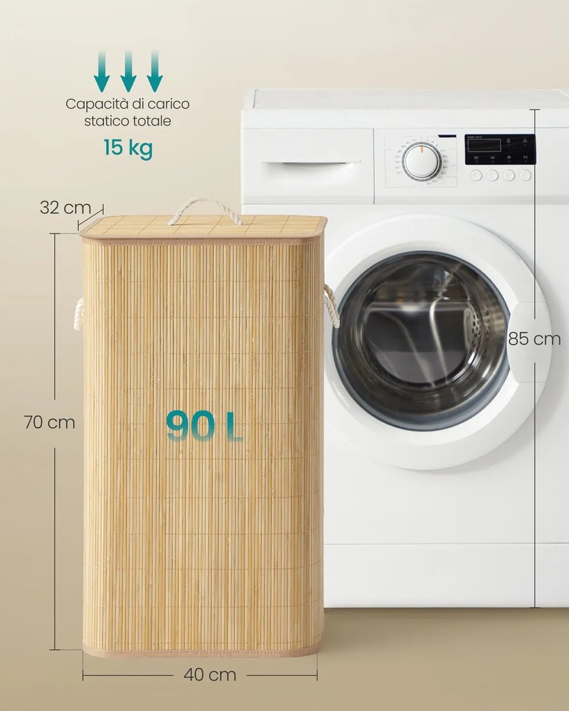 Cesto para roupa suja em bambu com tampa e saco removível 40 x 32 x 70 cm natural