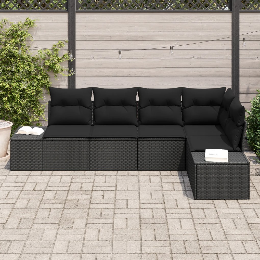 Conjunto de Sofá de 5 Peças com Almofadas Preto Rattan