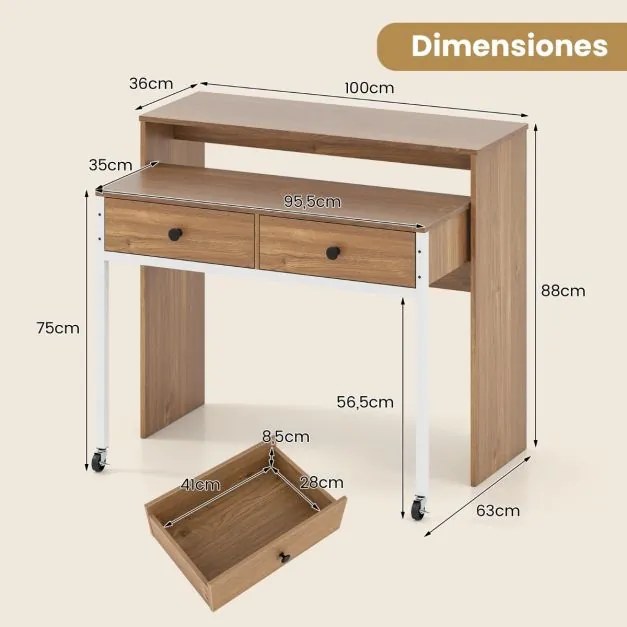 Secretária extensível, mesa pequena para computador com 2 gavetas e rodas 100 x 63 x 88 cm natural