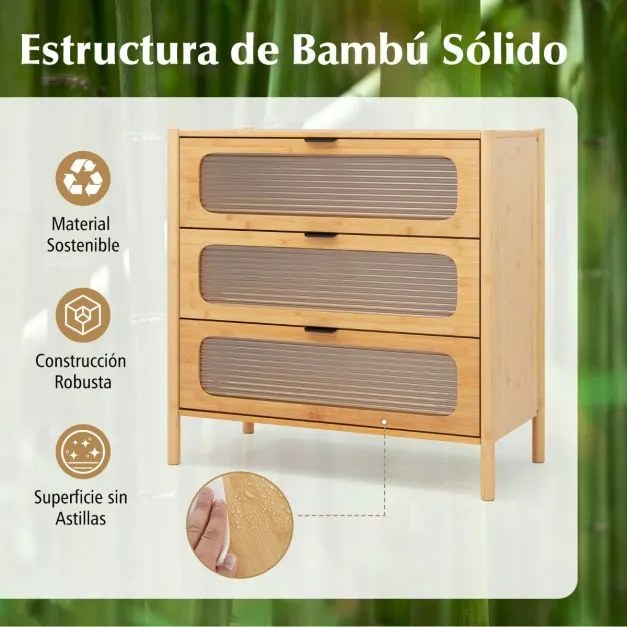 Cómoda de 3 gavetas em bambu com frente em vidro temperado estriado 80 x 40 x 78,5 cm Natural