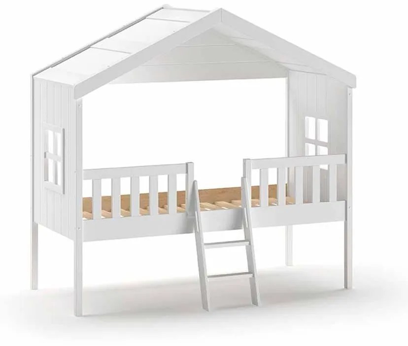 Cama para Crianças Casa HOUSEBED COM ESCADA BRANCA