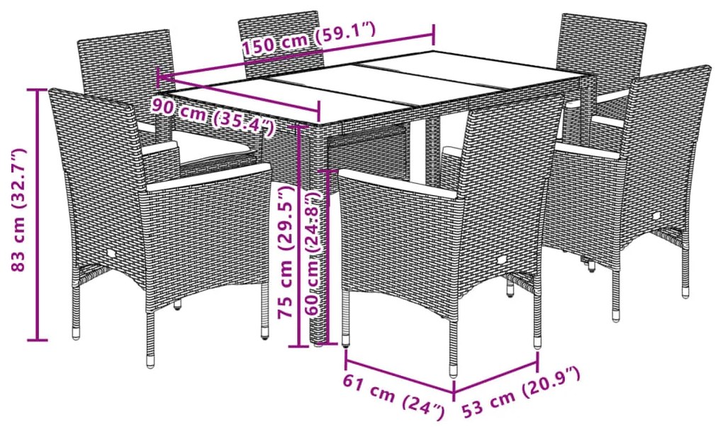 7 pcs conjunto jantar jardim com almofadões vime PE/vidro bege