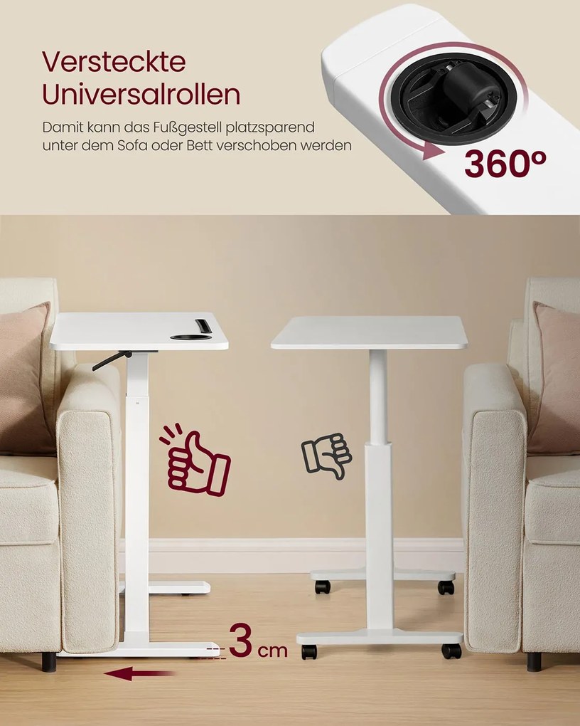Mesa auxiliar móvel com altura ajustável e rodas 80 x 45 x 65-102 cm Branco