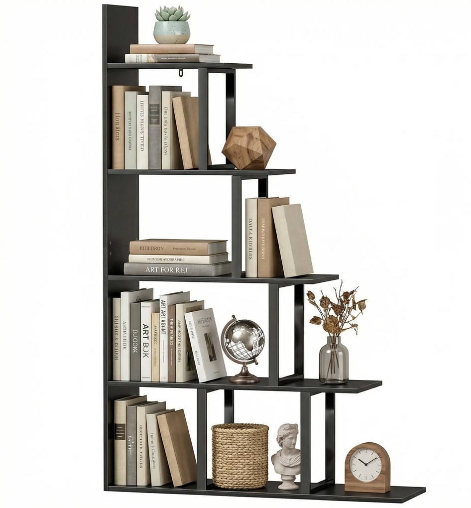 Estante-biblioteca  102 x 30 x 160 cm divisória de espaço em estilo industrial, em forma de escada, com 5 prateleiras, cor preta